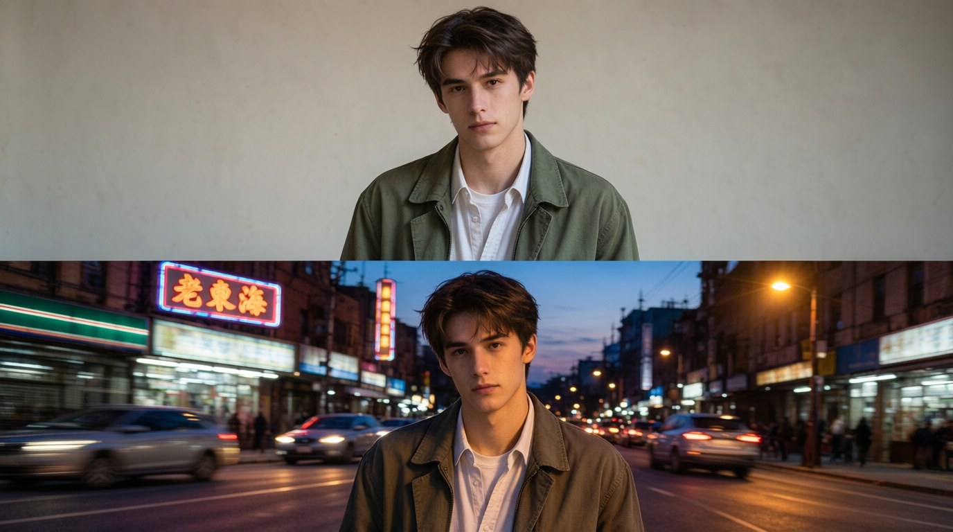Background swap example: the same person in a studio on top and edited onto an evening street below, identity kept intact