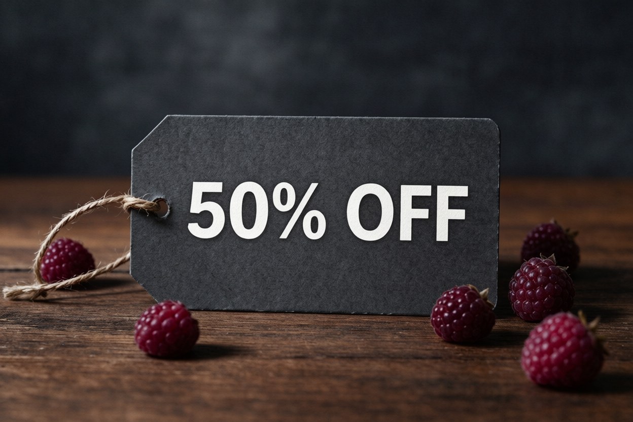 Price card example with the words 50% OFF printed clearly inside the image