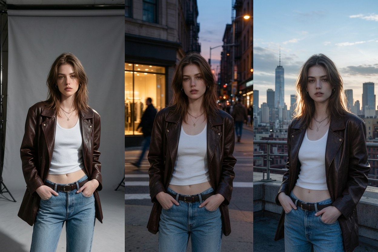 Three-panel example of the same model in a studio, on a street, and on a rooftop, with the face consistent across all three