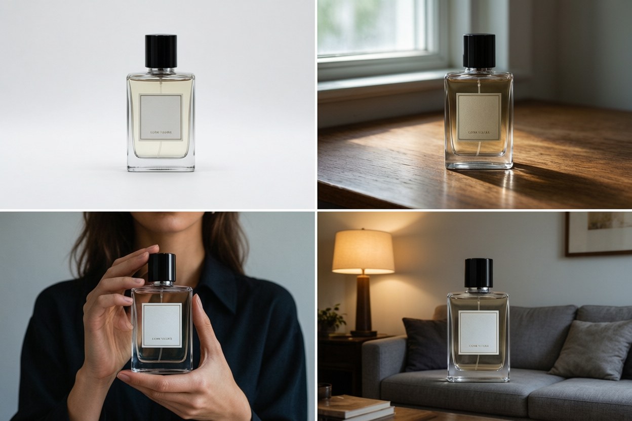 Product shot example: the same perfume bottle on a white background, on wood, in hand, and in a living scene, packaging unchanged