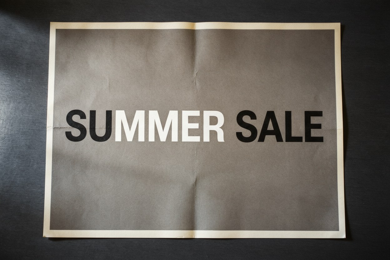Printed poster with the words SUMMER SALE rendered sharply and legible inside the image