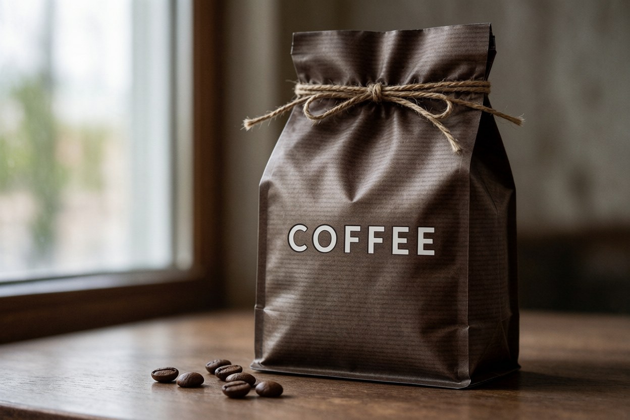 Packaging example: a coffee bag printed with the word COFFEE, label rendered clearly