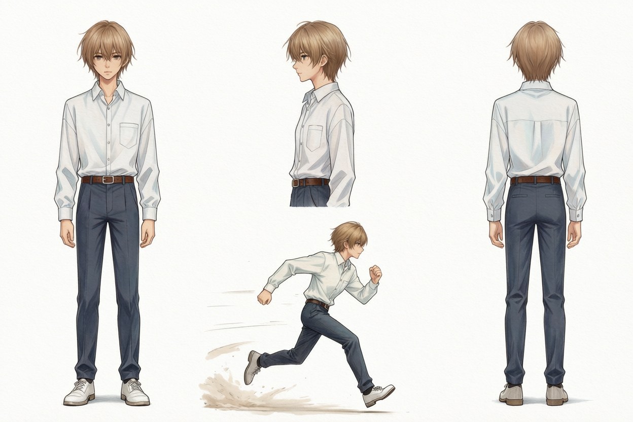 Character design sheet: one character in four poses with face and outfit fixed