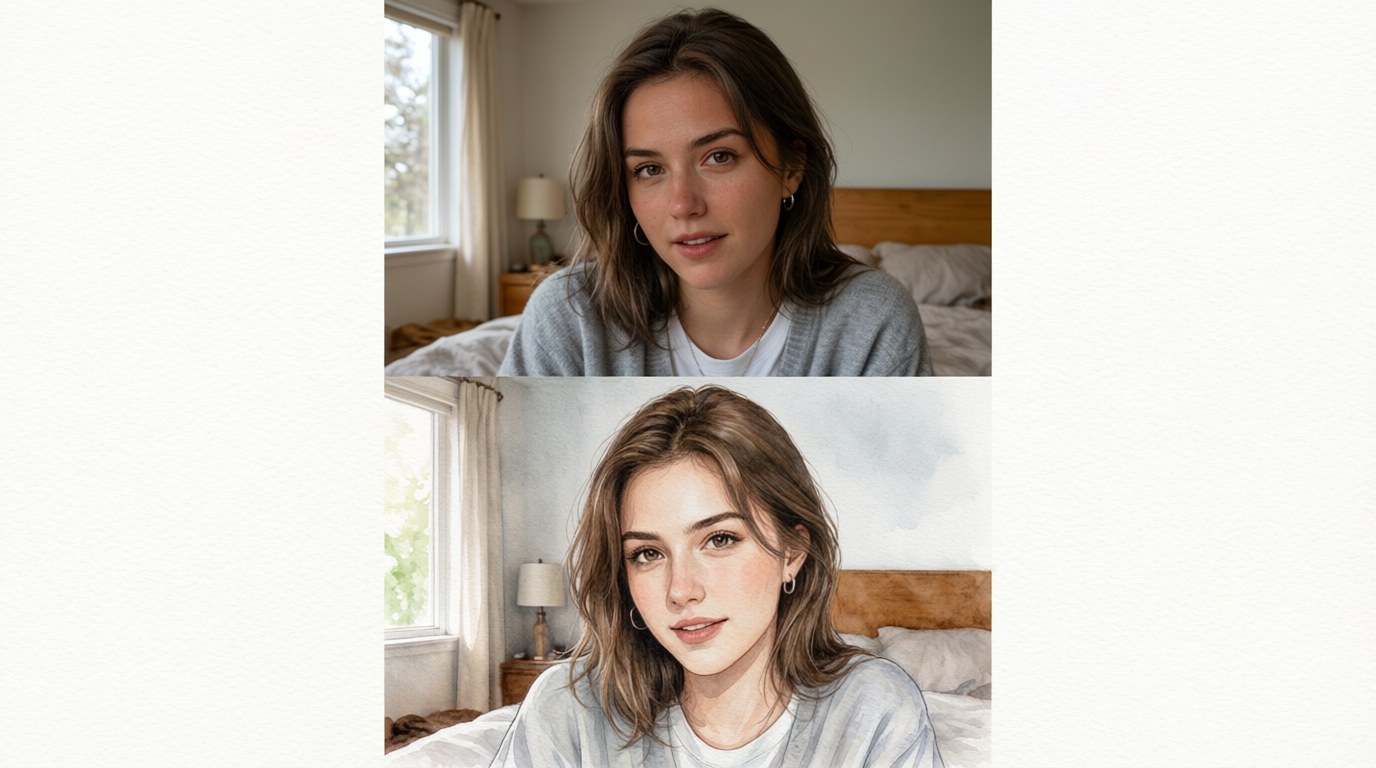 Photo editing example: the same portrait as a plain snapshot on top and a watercolor restyle below, created with text instructions