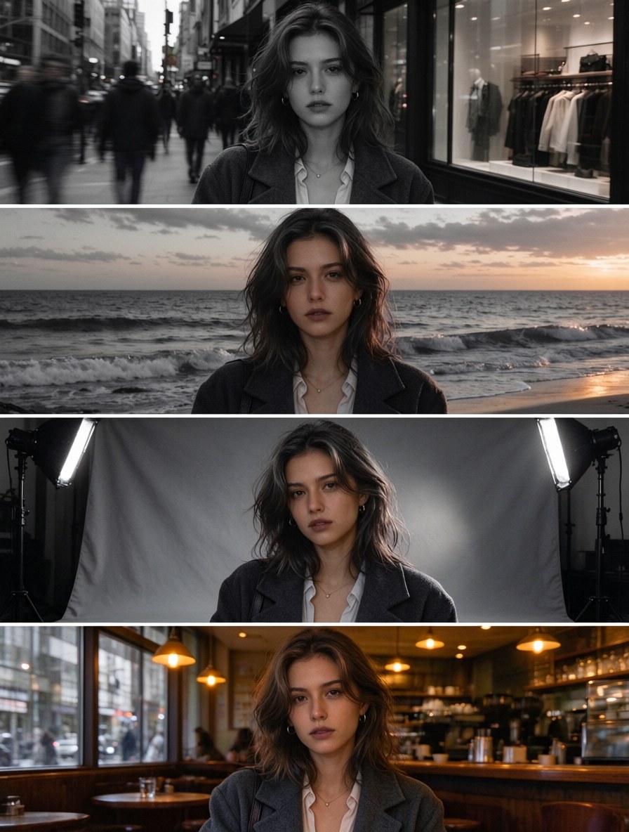 Multi-reference example: the same character across four scenes from up to 10 reference photos