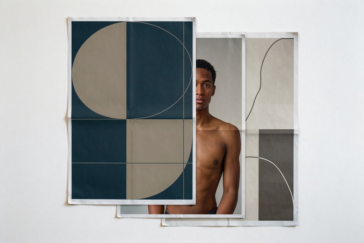Poster collage of generated designs with geometric and portrait artwork