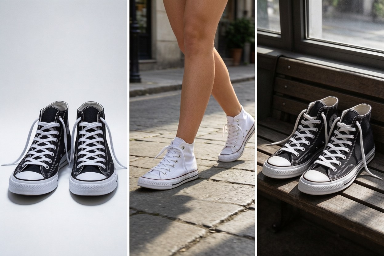 Product consistency example: the same sneaker in studio, on the street, and on a bench